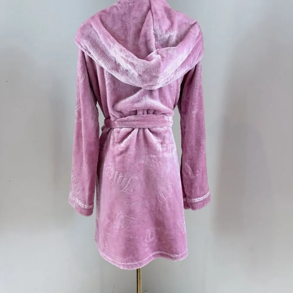 Juicy Couture Pink Plush Hooded Robe S/M Y2K Coquette Velour Spa Loungewear - Picture 9 of 16